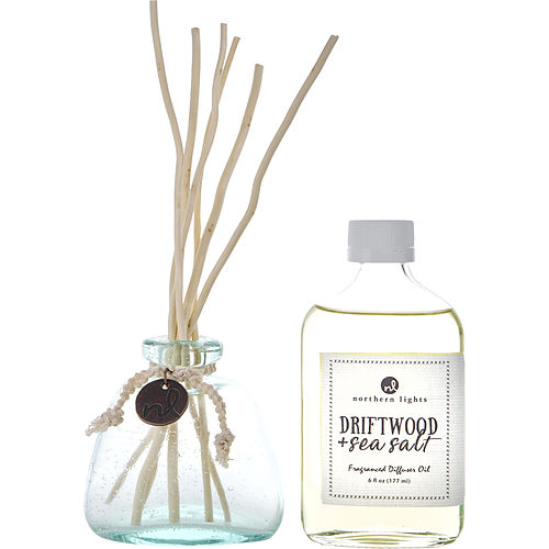 Driftwood & Sea Salt By Northern Lights Fragrance Diffuser Oil 6 Oz & 6X Willow Reeds & Diffuser Bottle